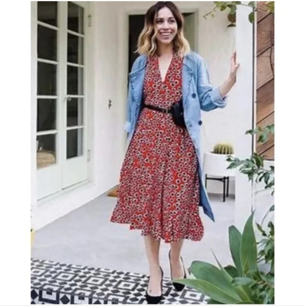 J. Crew Heart Leopard Button Front Midi Dress Red White Blue Size 2 - Picture 11 of 16